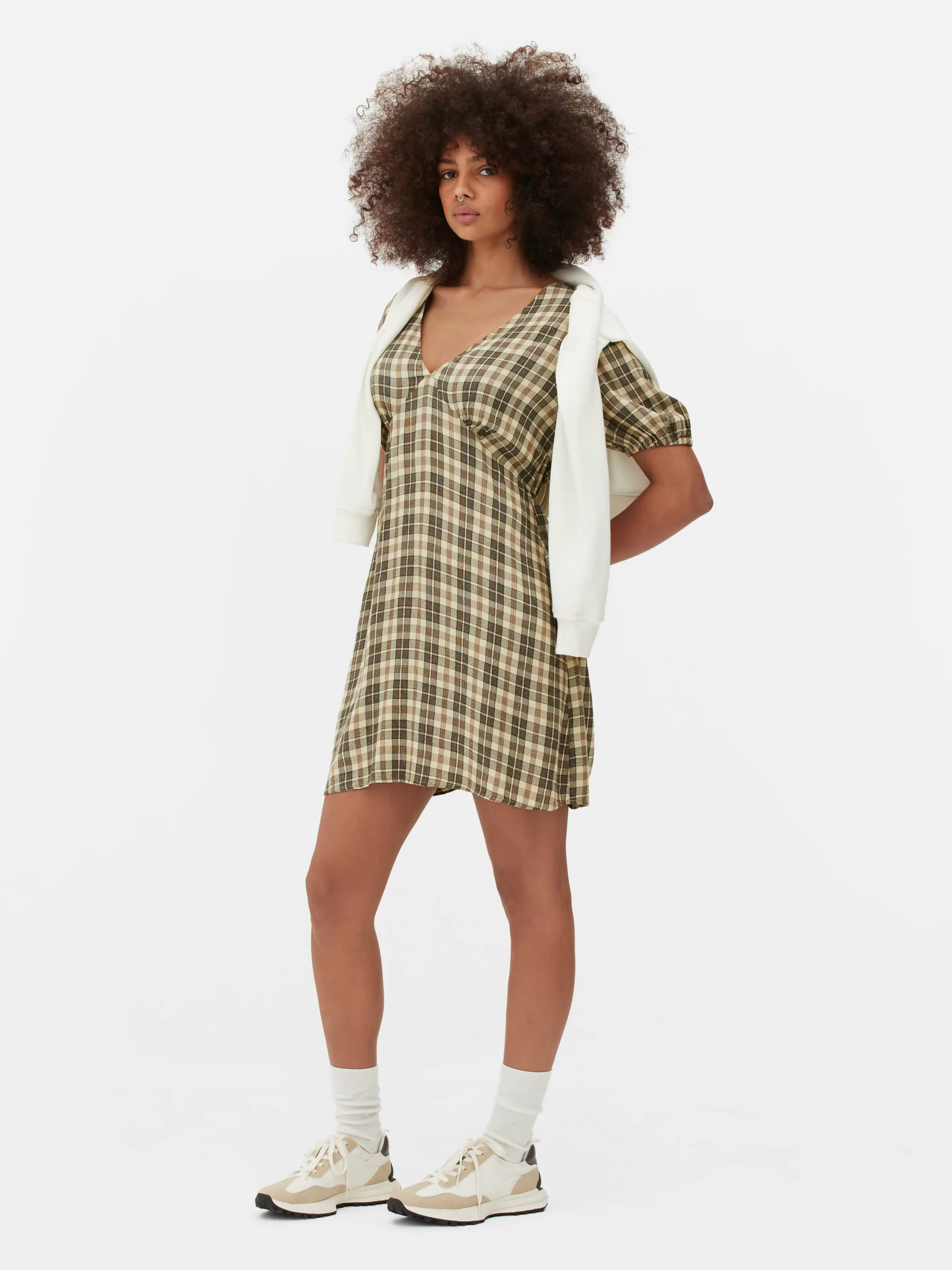 Flash Sale Check Pattern V-Neck Mini Dress Women Dresses