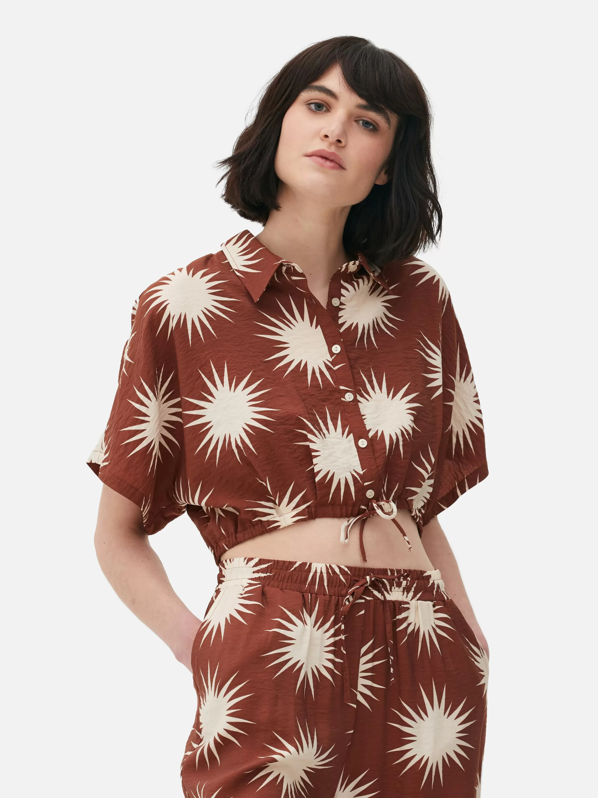 Outlet Co-Ord Patterned Tie-Front Crop Shirt Women Shirts And Blouses