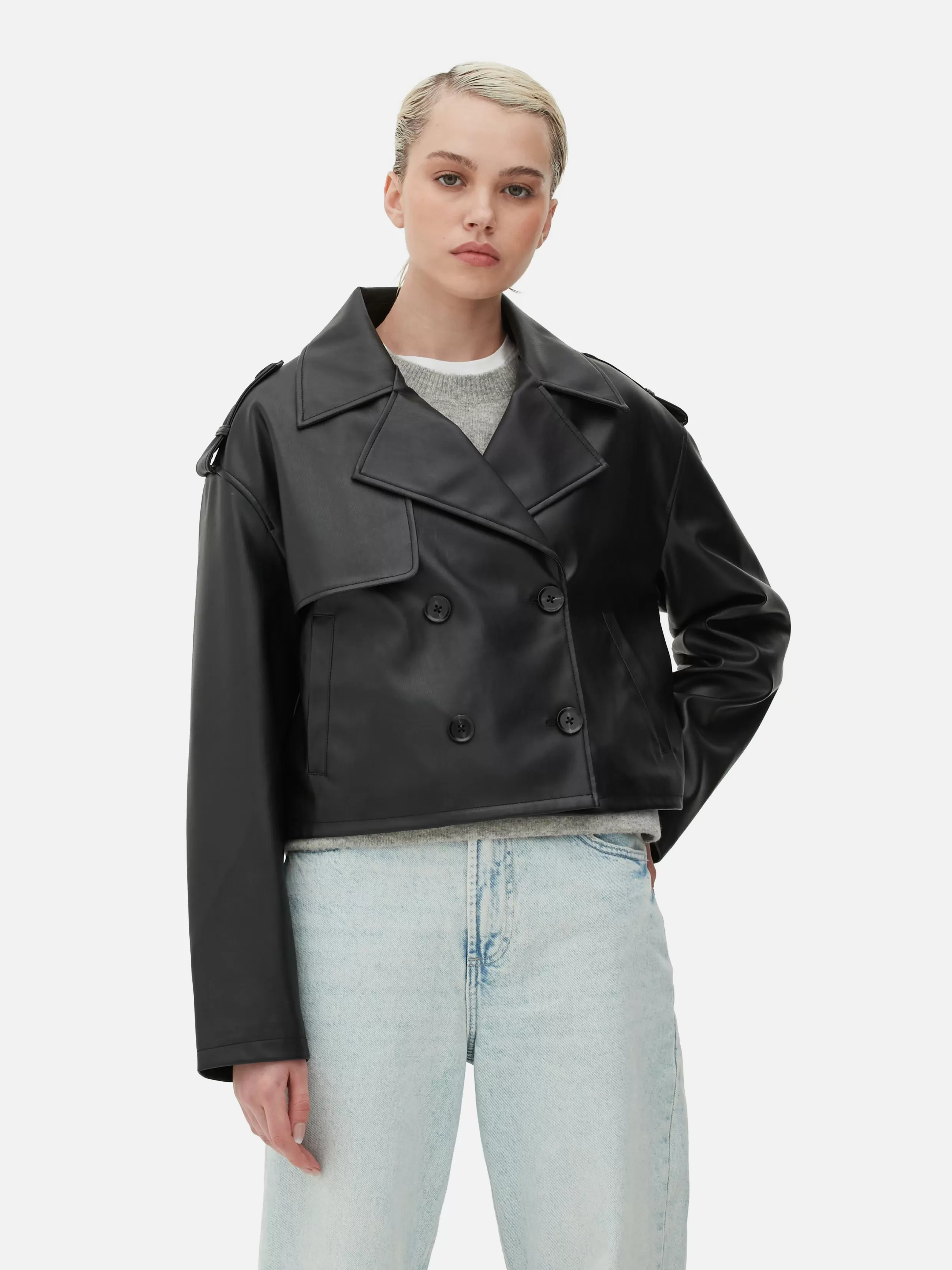 Flash Sale Cropped Faux Leather Trench Coat Women Coats And Jackets