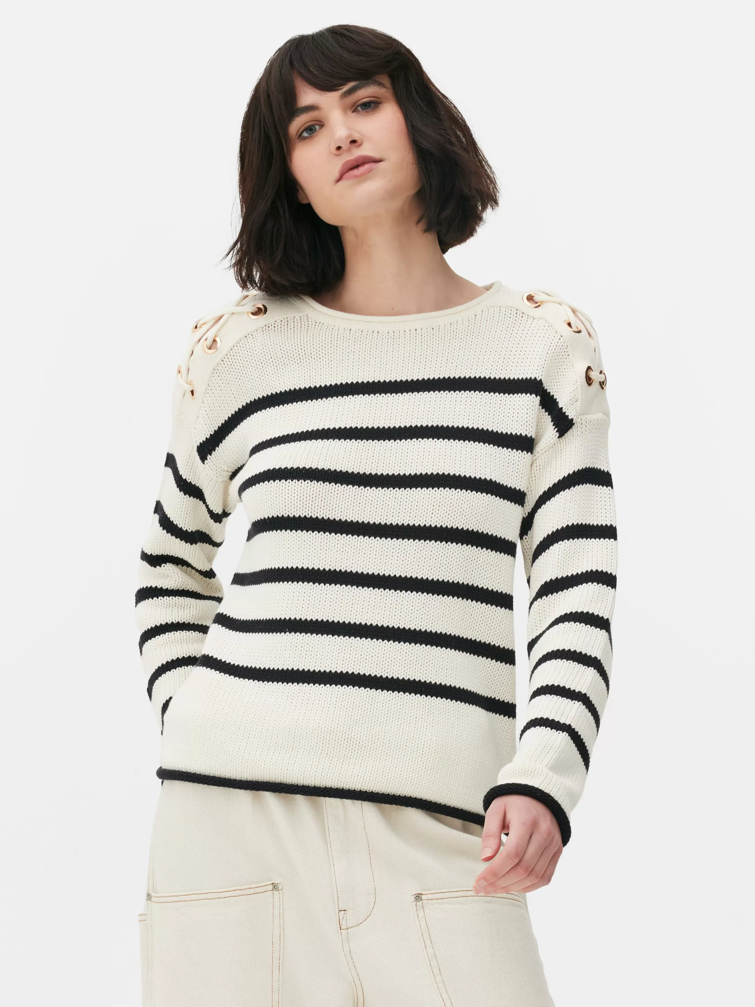 Best Laced Shoulder Striped Sweater Women Sweaters And Cardigans