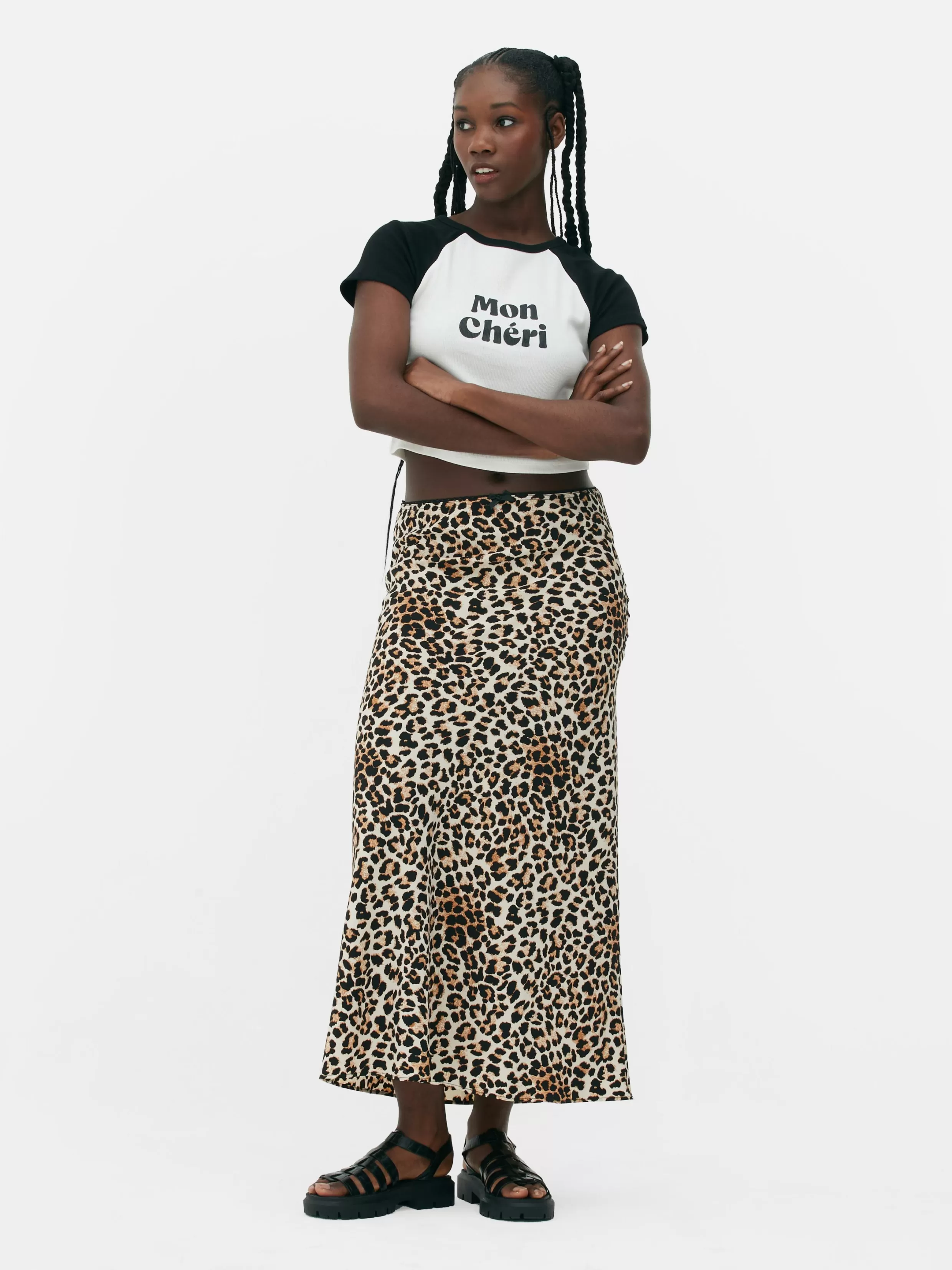 Store Picot Waistband Leopard Print Midi Skirt Women Skirts