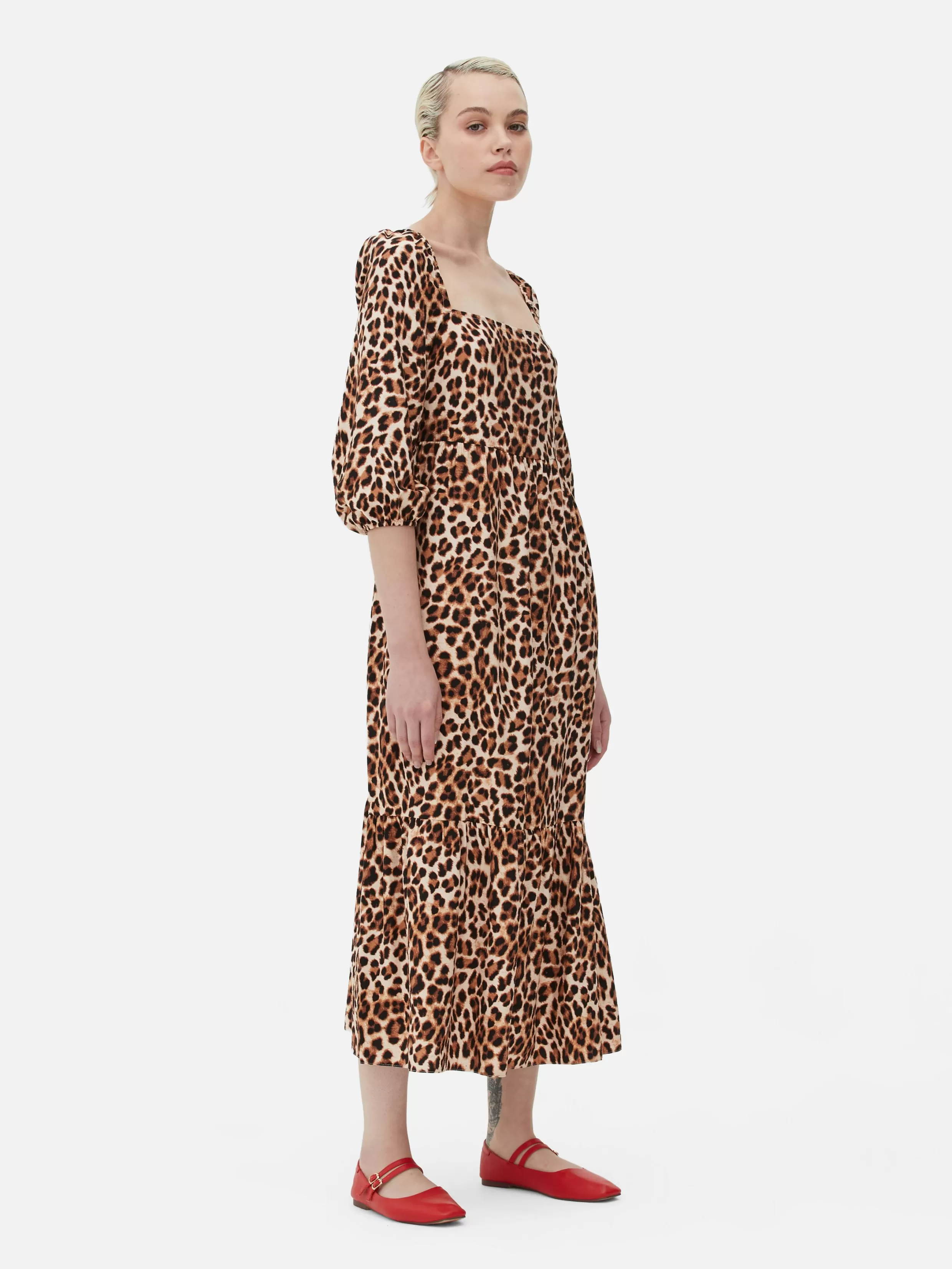 Best Square Neck Leopard Midi Dress Women Dresses