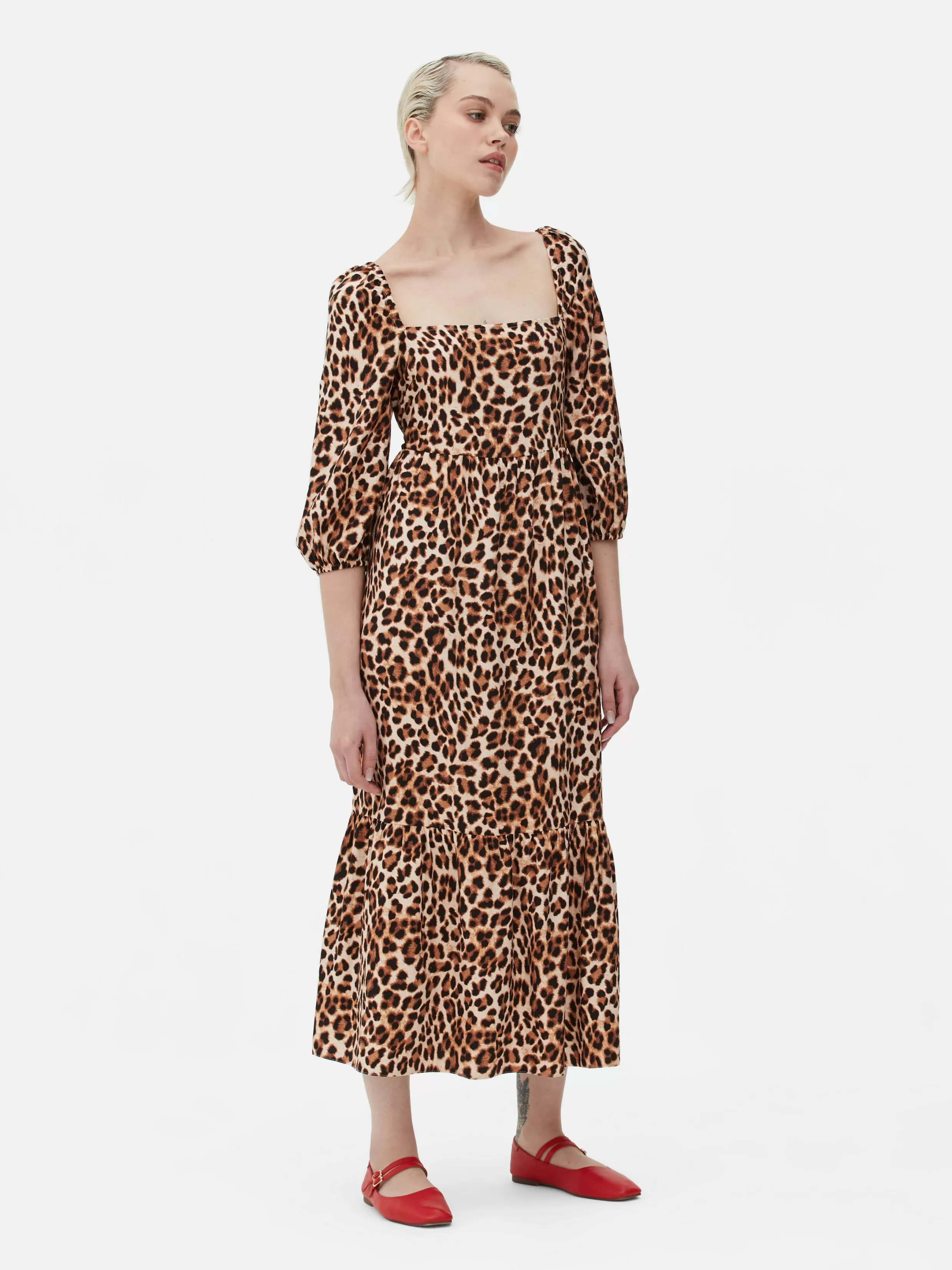 Best Square Neck Leopard Midi Dress Women Dresses