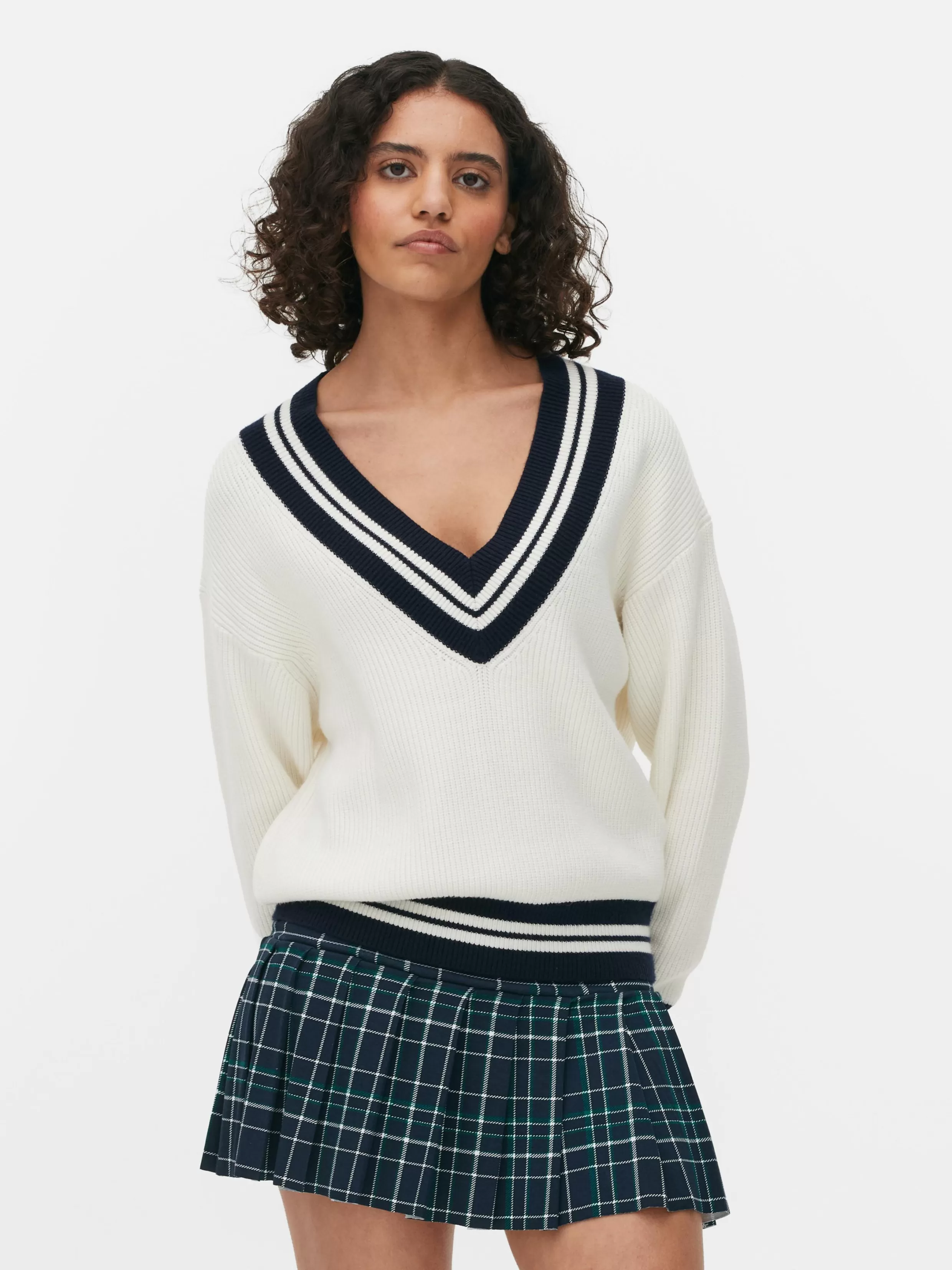 Cheap Stripe Accent V-Neck Sweater Women Sweaters And Cardigans