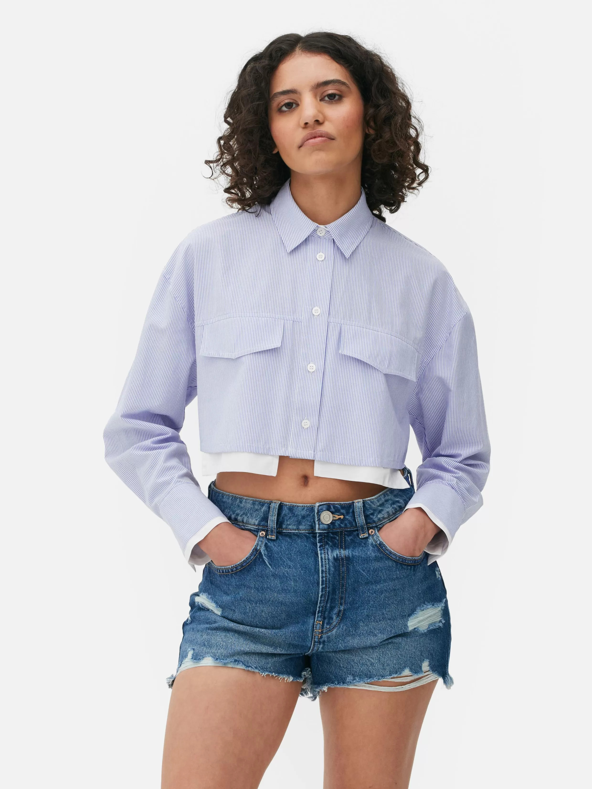 Hot Striped Crop Utility Shirt Women Shirts And Blouses