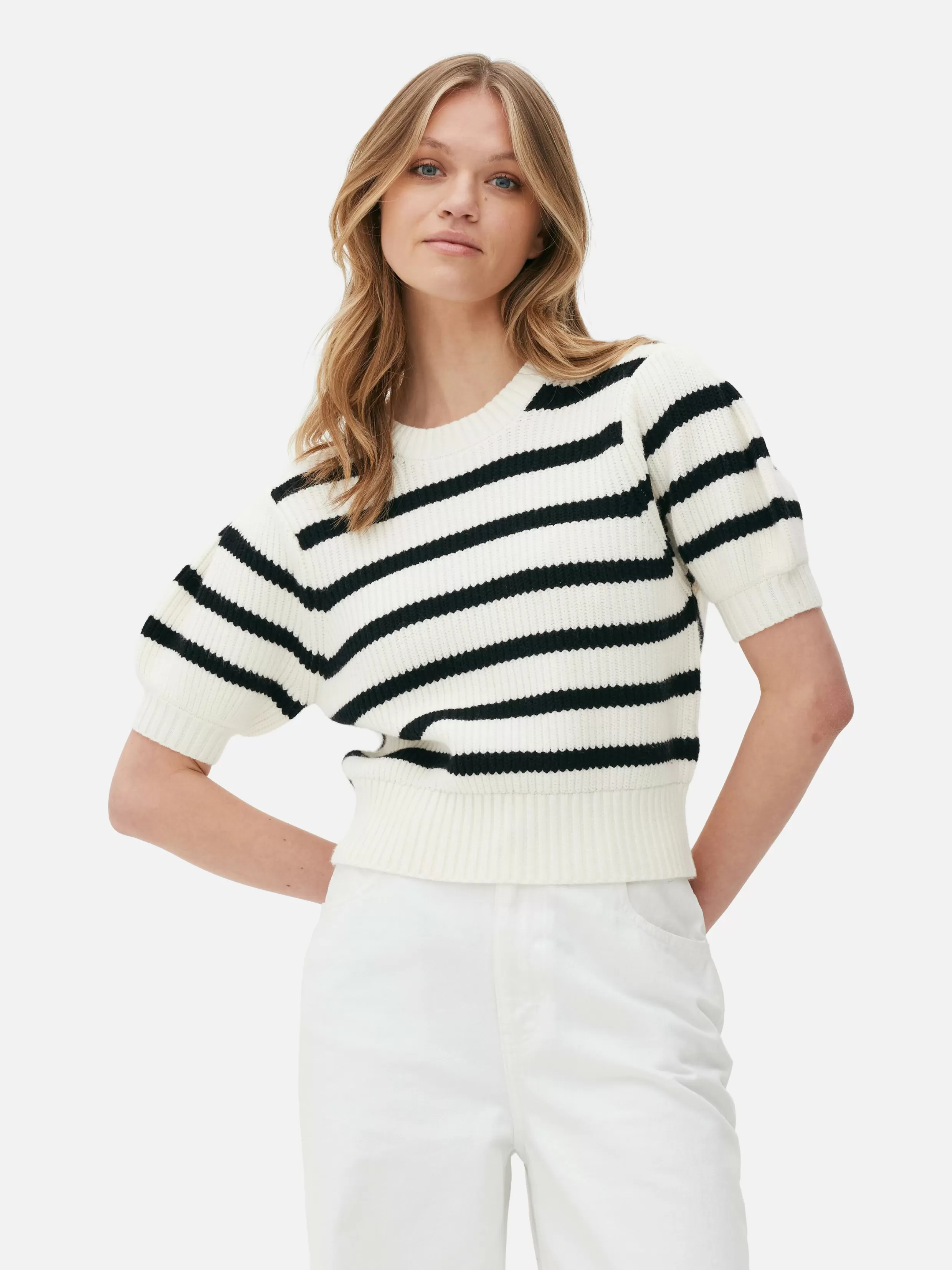 Store Striped Puff Sleeve Pullover Women Sweaters And Cardigans