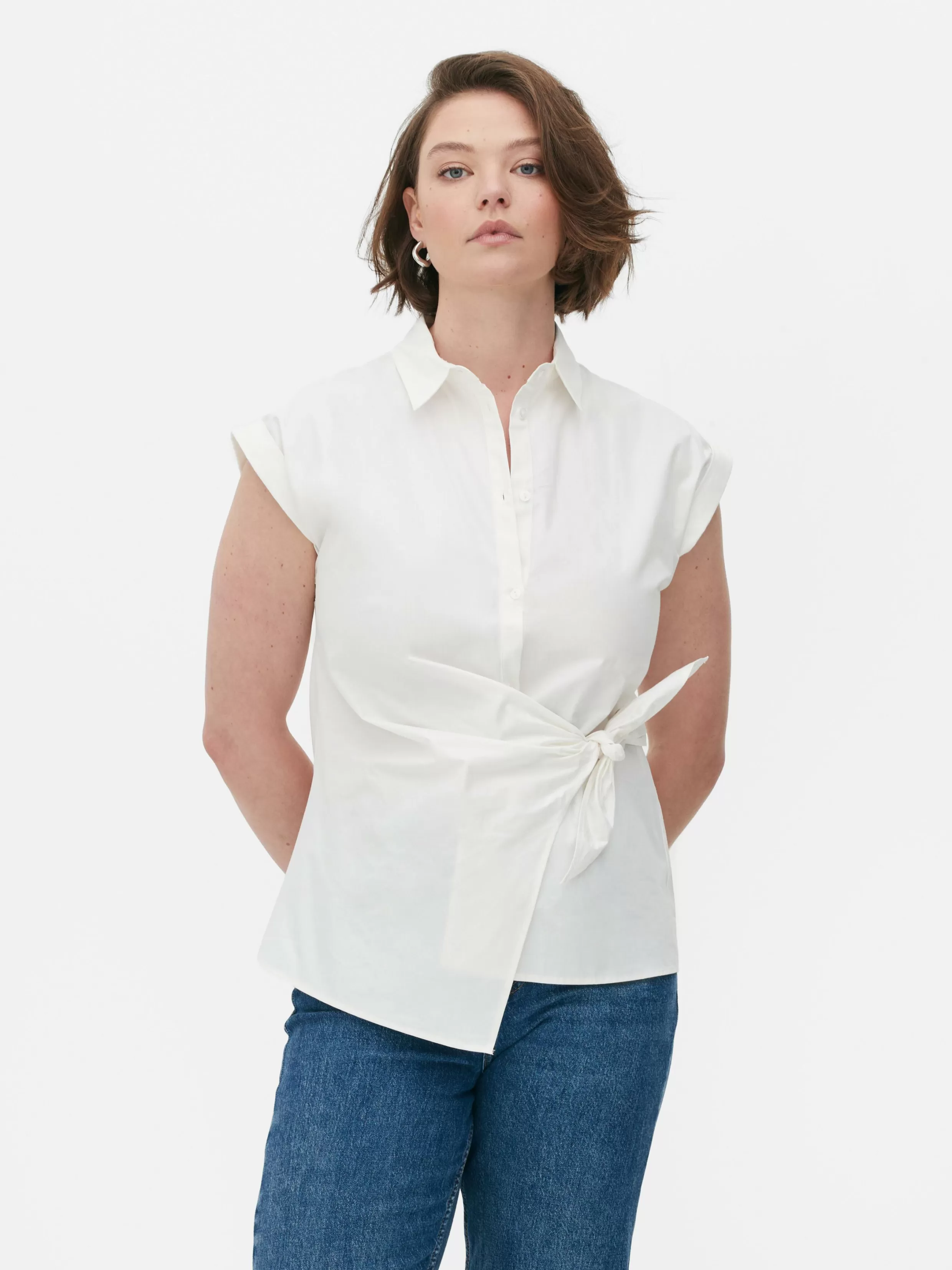 Cheap Tie Front Cap Sleeve Shirt Women Shirts And Blouses