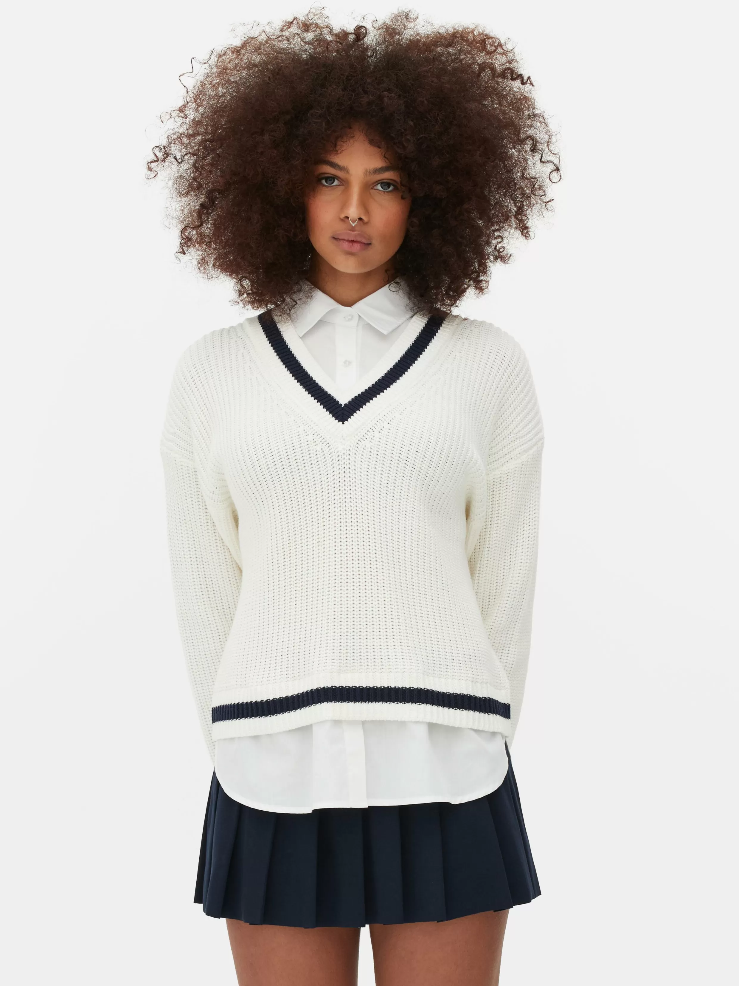 Shop Two-in-One Preppy Pullover And Shirt Women Sweaters And Cardigans