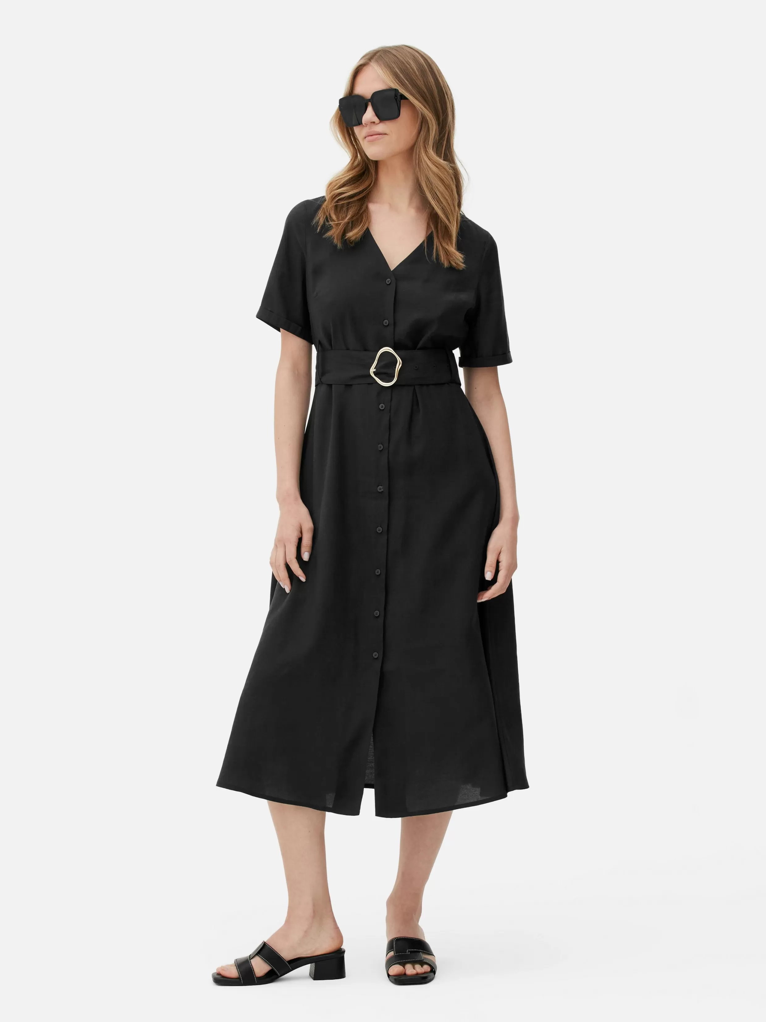 Hot V-Neck Belted Midi Dress Women Dresses