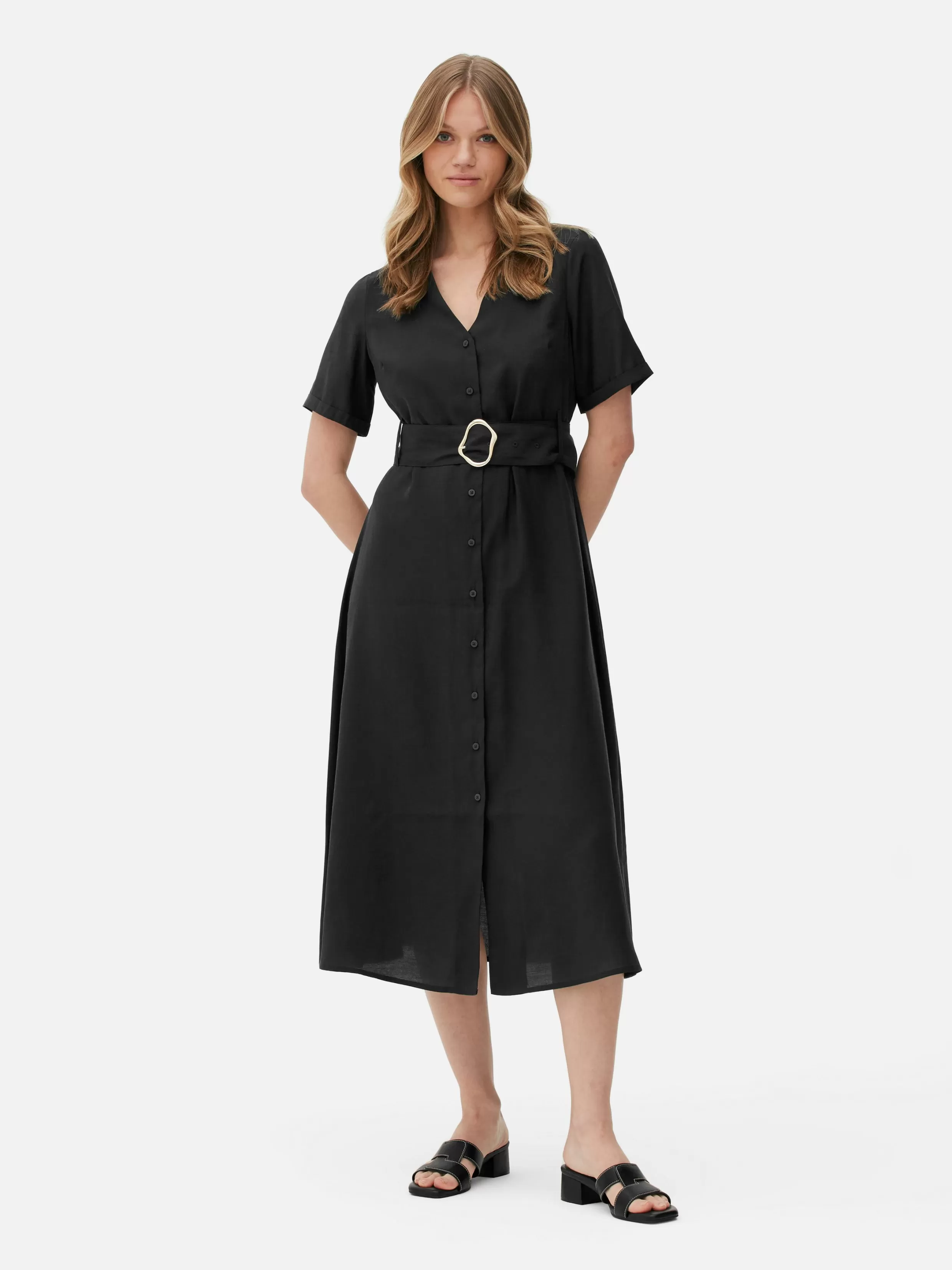 Hot V-Neck Belted Midi Dress Women Dresses